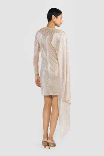 Shop_Perona_Gold Polyester High Neck Haruka Shimmer Finish Dress _at_Aza_Fashions