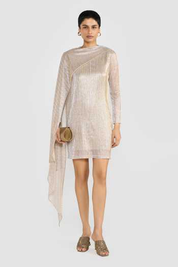 Buy_Perona_Gold Polyester High Neck Haruka Shimmer Finish Dress _Online_at_Aza_Fashions