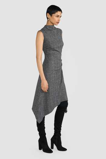 Perona_Black Cotton, Viscose, Polyester High Neck Mabelle Asymmetric Hem Dress _Online_at_Aza_Fashions