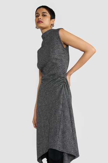 Perona_Black Cotton, Viscose, Polyester High Neck Mabelle Asymmetric Hem Dress _at_Aza_Fashions