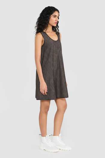 Buy_Perona_Brown Viscose, Polyester, Leather Scoop Neck Louisa Short Dress _Online_at_Aza_Fashions
