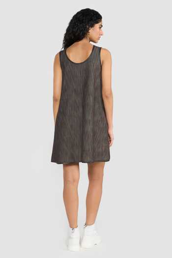 Shop_Perona_Brown Viscose, Polyester, Leather Scoop Neck Louisa Short Dress _at_Aza_Fashions