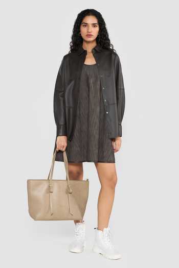 Buy_Perona_Brown Viscose, Polyester, Leather Scoop Neck Louisa Short Dress _at_Aza_Fashions