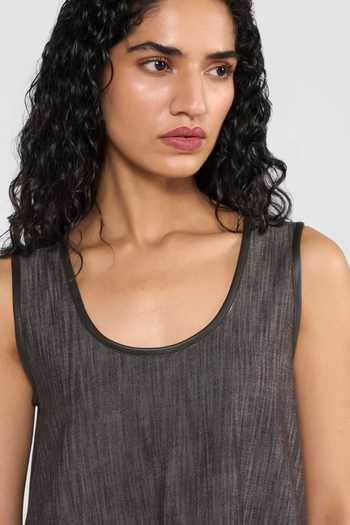 Shop_Perona_Brown Viscose, Polyester, Leather Scoop Neck Louisa Short Dress _Online_at_Aza_Fashions