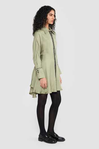 Perona_Green Silk Embroidery, Piping Collared Leila Pointed Shirt Dress _Online_at_Aza_Fashions