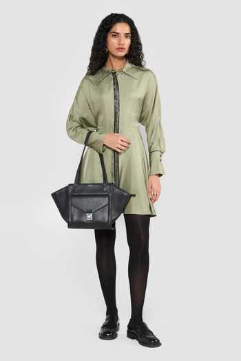 Buy_Perona_Green Silk Embroidery, Piping Collared Leila Pointed Shirt Dress _Online_at_Aza_Fashions
