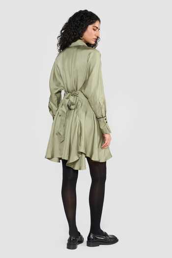 Shop_Perona_Green Silk Embroidery, Piping Collared Leila Pointed Shirt Dress _at_Aza_Fashions
