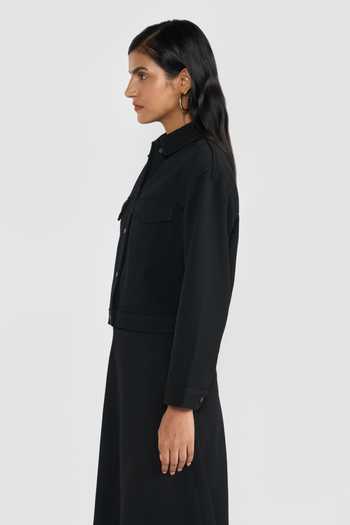 Shop_Perona_Black Polyester, Wool Collared Kyoko Cropped Jacket _Online_at_Aza_Fashions