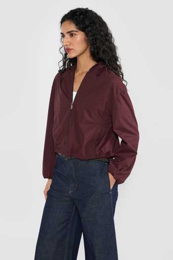 Buy_Perona_Wine Polyester, Polyurethane Geisha Hooded Jacket _Online_at_Aza_Fashions
