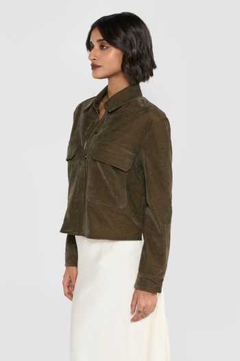 Buy_Perona_Brown Cotton, Polyester, Rayon, Polyurethane Kaylani Cropped Jacket _Online_at_Aza_Fashions