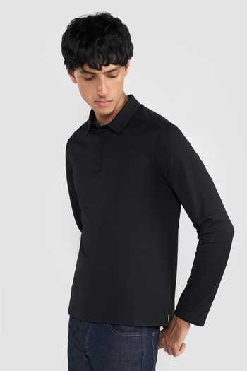 Buy_Perona_Black Polyester Mike Full Sleeve Collared T-shirt _Online_at_Aza_Fashions