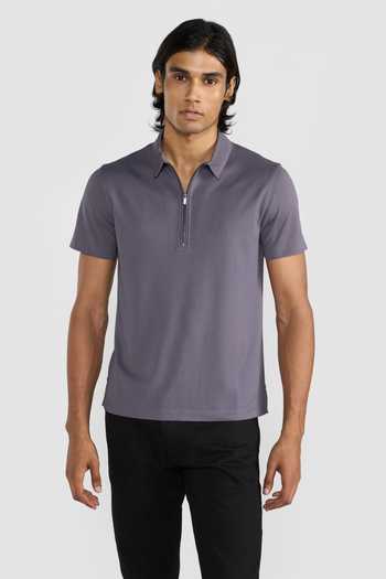 Buy_Perona_Grey Polyester Casper Polo Neck Zipper T-shirt _at_Aza_Fashions