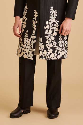 Siddartha Tytler_Black Dupion, Knit, Organza Applique Falling Vine Pattern Sherwani Set _Online_at_Aza_Fashions