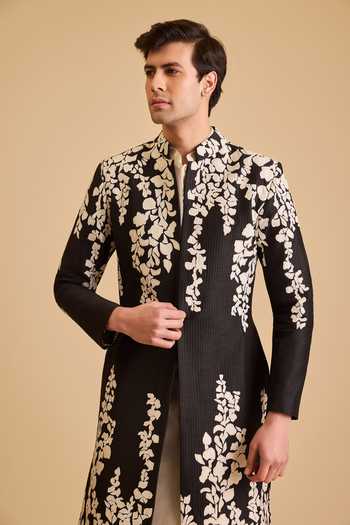 Buy_Siddartha Tytler_Black Dupion, Knit, Organza Applique Falling Vine Pattern Sherwani Set _Online_at_Aza_Fashions
