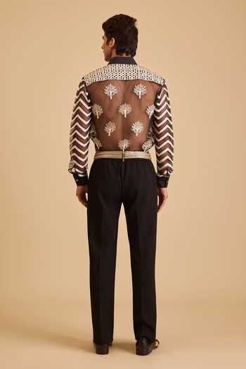 Shop_Siddartha Tytler_Black Net Embroidery Peacock Shirt _at_Aza_Fashions
