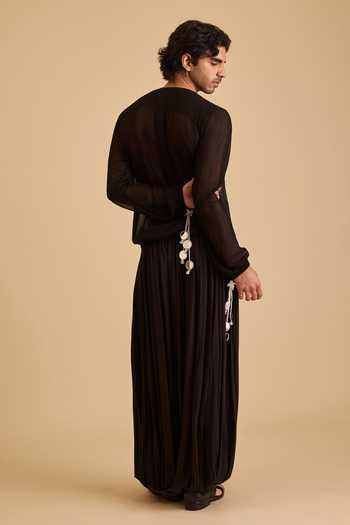 Shop_Siddartha Tytler_Black Polyester, Georgette Sequins, Zari Spider Yoke Sheer T-shirt _at_Aza_Fashions