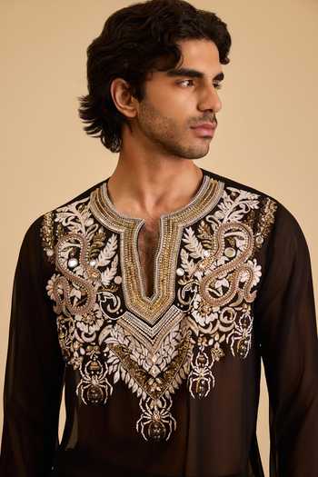 Siddartha Tytler_Black Polyester, Georgette Sequins, Zari Spider Yoke Sheer T-shirt _Online_at_Aza_Fashions