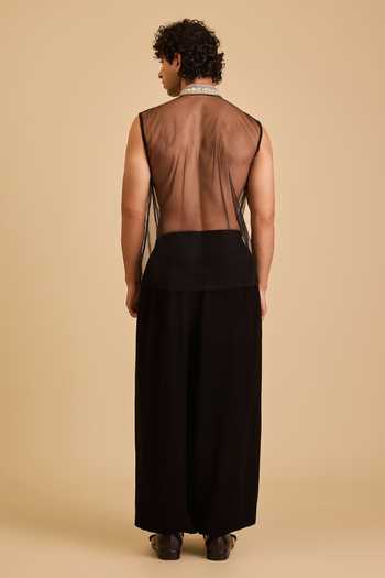 Shop_Siddartha Tytler_Black Net Embroidery Sheer T-shirt _at_Aza_Fashions