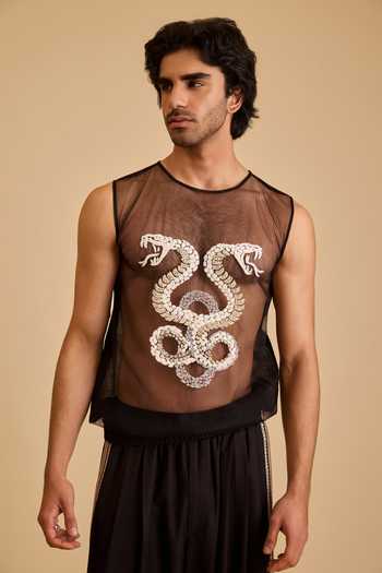 Buy_Siddartha Tytler_Black Net Pearls, Crystals Embroidered Tshirt _at_Aza_Fashions