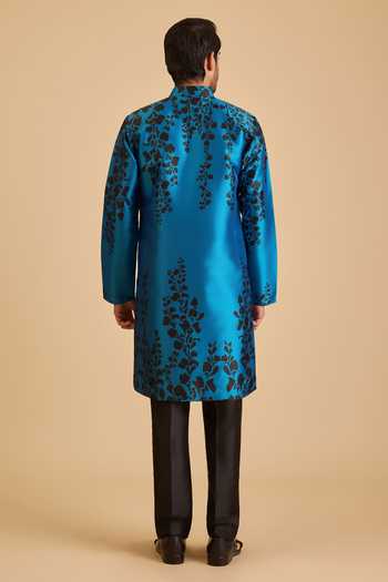 Shop_Siddartha Tytler_Blue Silk Vine Print Kurta _at_Aza_Fashions