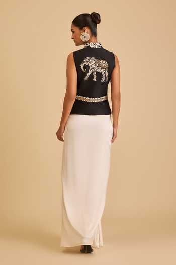 Shop_Siddartha Tytler_Black Dupion Beads, Crystals Mandarin Collar Gara Embroidered Jacket _at_Aza_Fashions