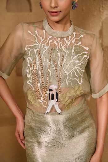 Vedangi Agarwal_Green Organza, Brocade, Muslin Embroidery, Zari High Neck Top Skirt Set _Online_at_Aza_Fashions