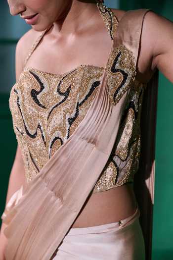 Buy_Vedangi Agarwal_Gold Shantoon, Brocade, Satin Sequins, Beads, Zari, Stones, Blouse And Saree Set _Online_at_Aza_Fashions
