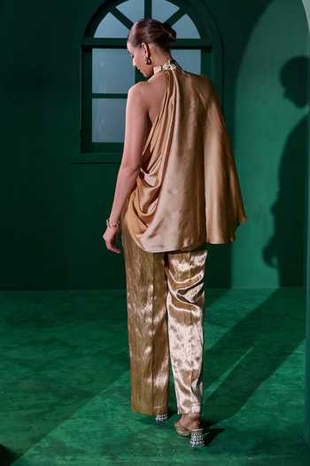 Shop_Vedangi Agarwal_Gold Brocade Choker Neck Halter Top And Pant Set _at_Aza_Fashions