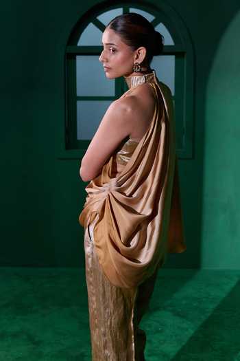 Vedangi Agarwal_Gold Brocade Choker Neck Halter Top And Pant Set _Online_at_Aza_Fashions