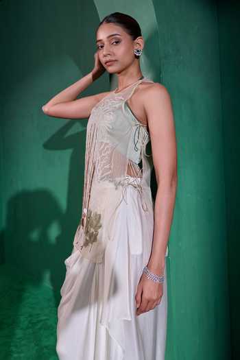Buy_Vedangi Agarwal_Green Organza, Satin, Georgette Embroidery Halter Neck Top And Skirt Set _Online_at_Aza_Fashions