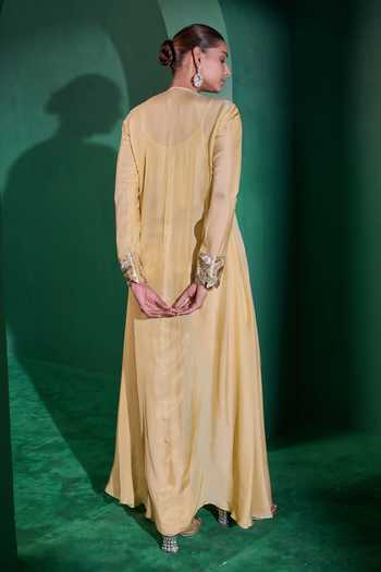 Shop_Vedangi Agarwal_Beige Chiffon, Brocade Embroidery, Sequins, Zari Round Yoke Kurta And Pant Set _at_Aza_Fashions