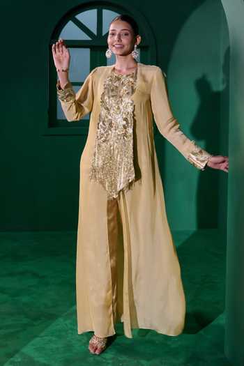 Vedangi Agarwal_Beige Chiffon, Brocade Embroidery, Sequins, Zari Round Yoke Kurta And Pant Set _Online_at_Aza_Fashions