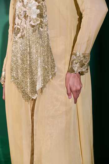 Buy_Vedangi Agarwal_Beige Chiffon, Brocade Embroidery, Sequins, Zari Round Yoke Kurta And Pant Set _Online_at_Aza_Fashions