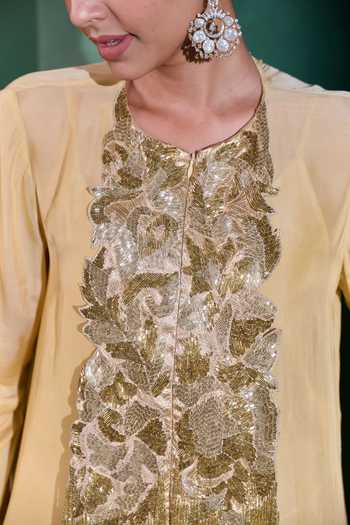 Shop_Vedangi Agarwal_Beige Chiffon, Brocade Embroidery, Sequins, Zari Round Yoke Kurta And Pant Set _Online_at_Aza_Fashions