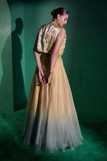 Shop_Vedangi Agarwal_Gold Organza, Satin, Brocade Fringe Embroidered Jacket Lehenga Set _at_Aza_Fashions