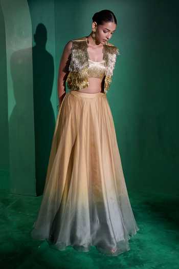 Buy_Vedangi Agarwal_Gold Organza, Satin, Brocade Fringe Embroidered Jacket Lehenga Set _at_Aza_Fashions