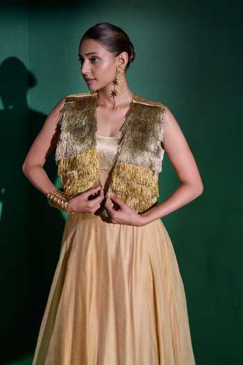 Vedangi Agarwal_Gold Organza, Satin, Brocade Fringe Embroidered Jacket Lehenga Set _Online_at_Aza_Fashions