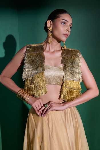 Buy_Vedangi Agarwal_Gold Organza, Satin, Brocade Fringe Embroidered Jacket Lehenga Set _Online_at_Aza_Fashions