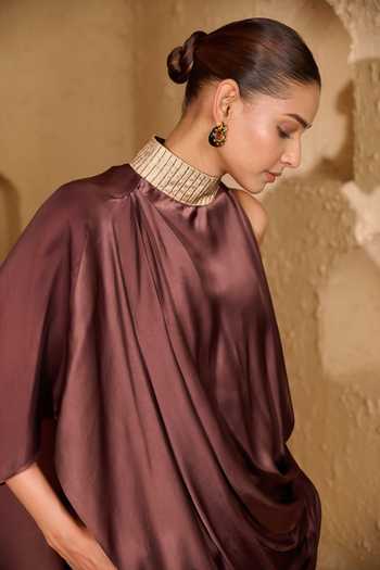 Vedangi Agarwal_Gold Brocade Embroidery Choker Neck Neckline Embellished Top And Pant Set _Online_at_Aza_Fashions