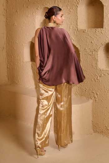 Shop_Vedangi Agarwal_Gold Brocade Embroidery Choker Neck Neckline Embellished Top And Pant Set _at_Aza_Fashions