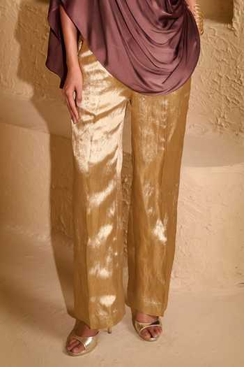 Buy_Vedangi Agarwal_Gold Brocade Embroidery Choker Neck Neckline Embellished Top And Pant Set _Online_at_Aza_Fashions