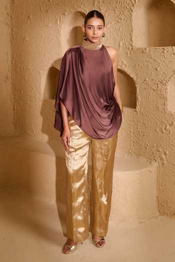 Vedangi Agarwal_Gold Brocade Embroidery Choker Neck Neckline Embellished Top And Pant Set _at_Aza_Fashions