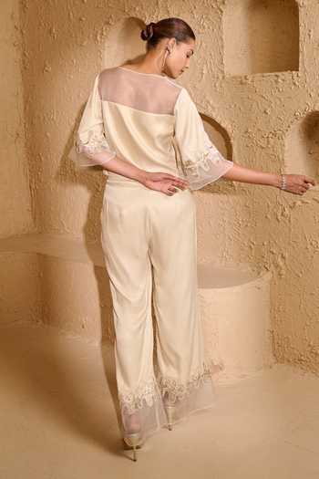 Shop_Vedangi Agarwal_Ivory Organza, Satin Cut Work V-neck Floral Sleeve Embroidered Top And Pant Set _at_Aza_Fashions