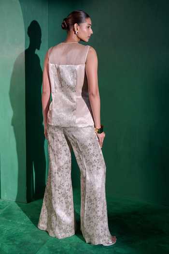 Shop_Vedangi Agarwal_Ivory Brocade Embroidery Round Neck Woven Top And Pant Set _at_Aza_Fashions
