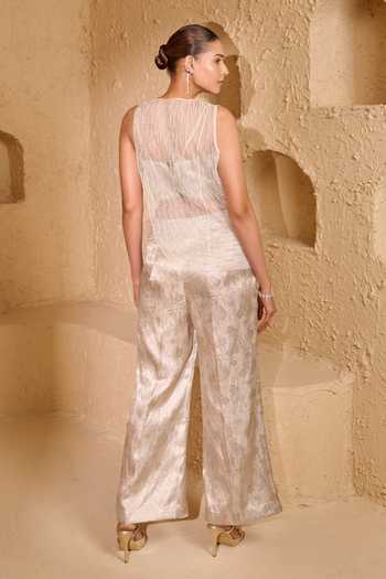 Shop_Vedangi Agarwal_Ivory Organza, Tissue, Brocade High Neck Sheer Panelled Jacket And Pant Set _at_Aza_Fashions