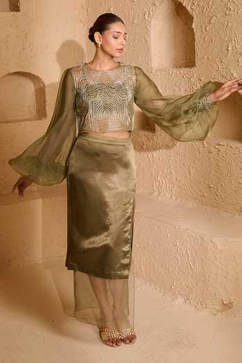 Buy_Vedangi Agarwal_Green Organza Embroidery Round Neck Dori Top And Skirt Set _at_Aza_Fashions