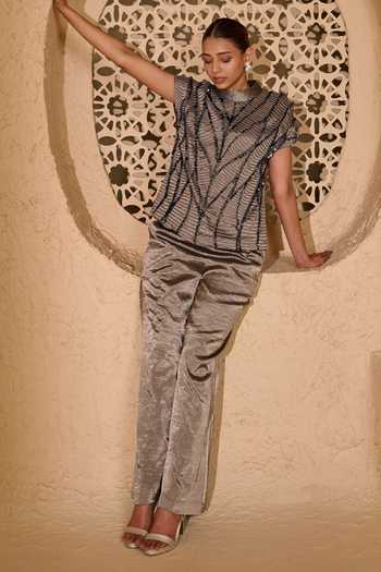 Vedangi Agarwal_Grey Tissue Embroidery High Neck Hand Top And Pant Set _Online_at_Aza_Fashions