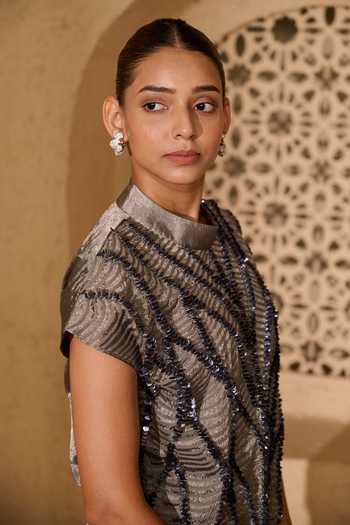 Buy_Vedangi Agarwal_Grey Tissue Embroidery High Neck Hand Top And Pant Set _Online_at_Aza_Fashions
