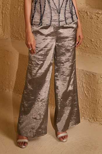 Shop_Vedangi Agarwal_Grey Tissue Embroidery High Neck Hand Top And Pant Set _Online_at_Aza_Fashions