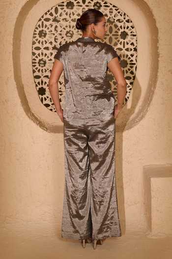 Shop_Vedangi Agarwal_Grey Tissue Embroidery High Neck Hand Top And Pant Set _at_Aza_Fashions